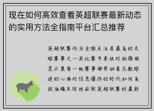 现在如何高效查看英超联赛最新动态的实用方法全指南平台汇总推荐