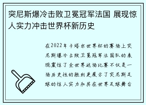 突尼斯爆冷击败卫冕冠军法国 展现惊人实力冲击世界杯新历史